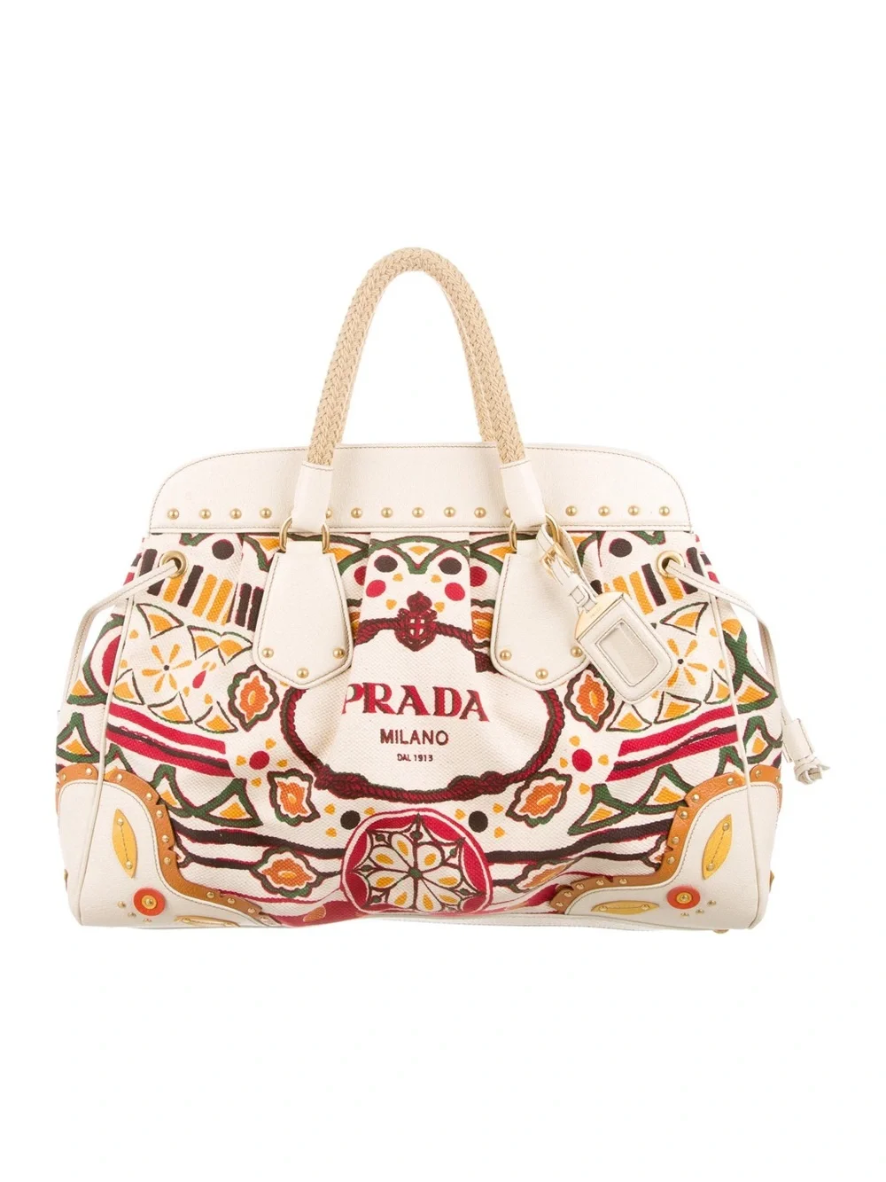 Prada Milano White Multicolor Embroidered Tote Bag frame bag